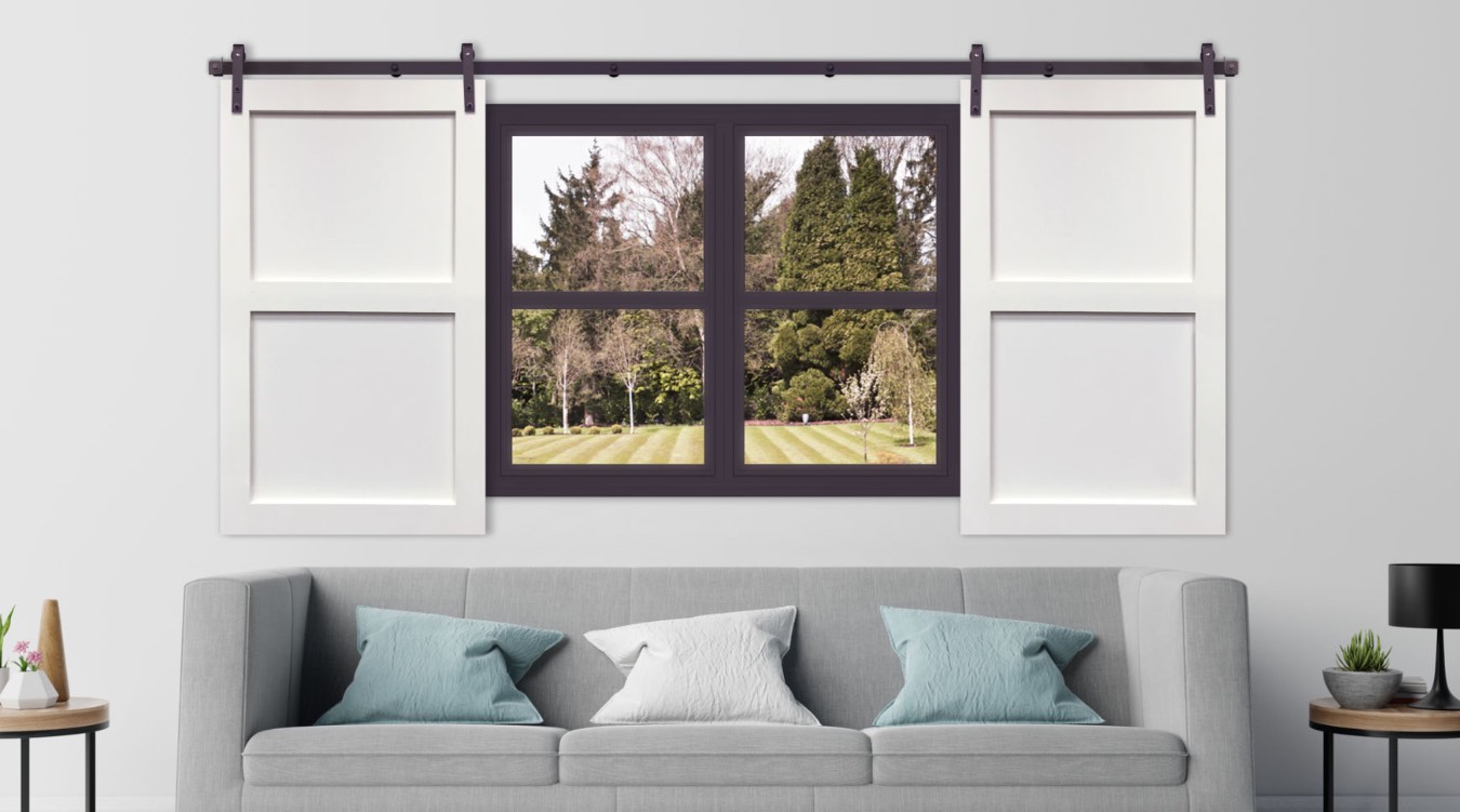 White barn door shutter in modern Indianapolis living room